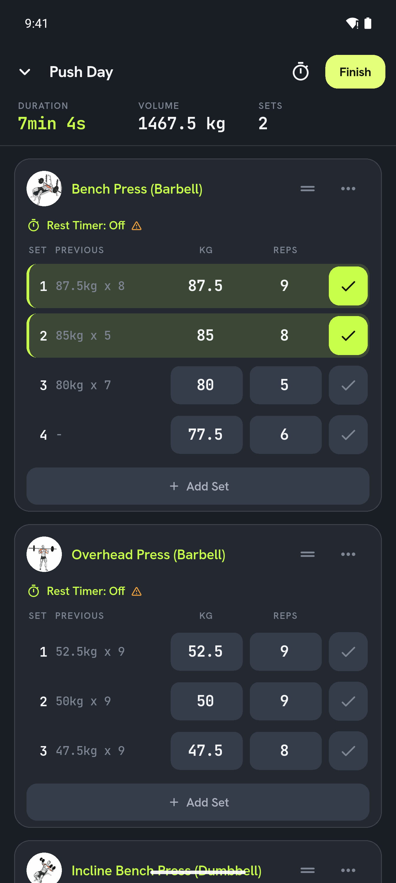 Kustos active workout screen: Push Day with bench press sets logged — 87.5 kg × 9 checked off in lime, last session’s numbers shown beside each set