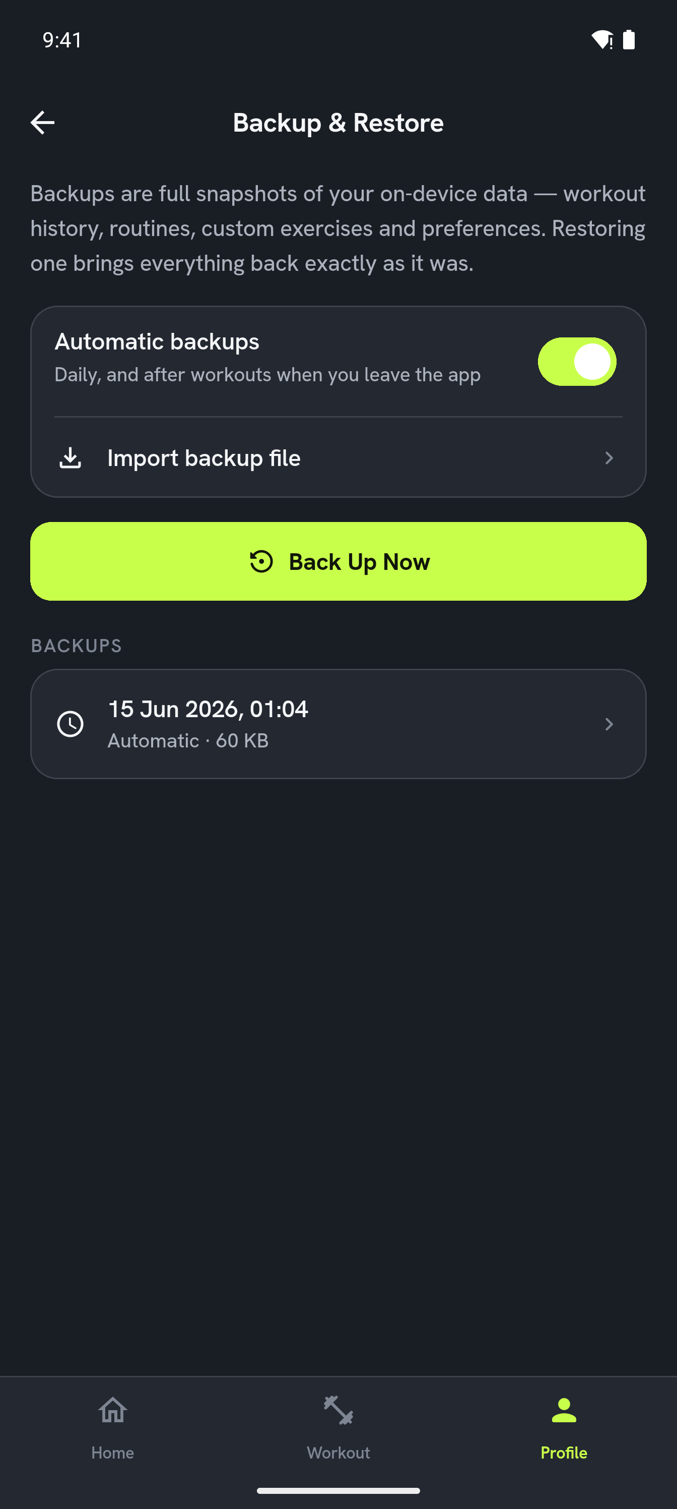 Kustos Backup & Restore screen with automatic daily backups enabled and a Back Up Now button