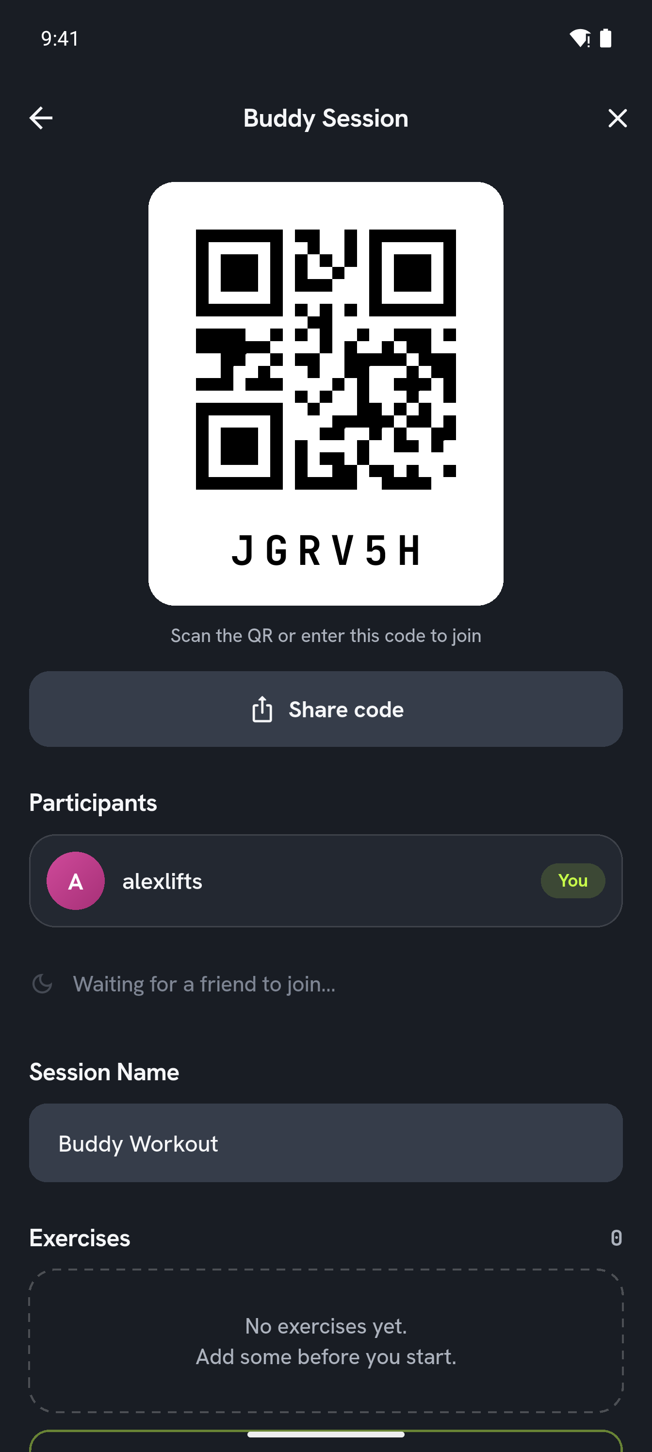 Kustos Buddy Mode lobby with a QR code to invite a training partner