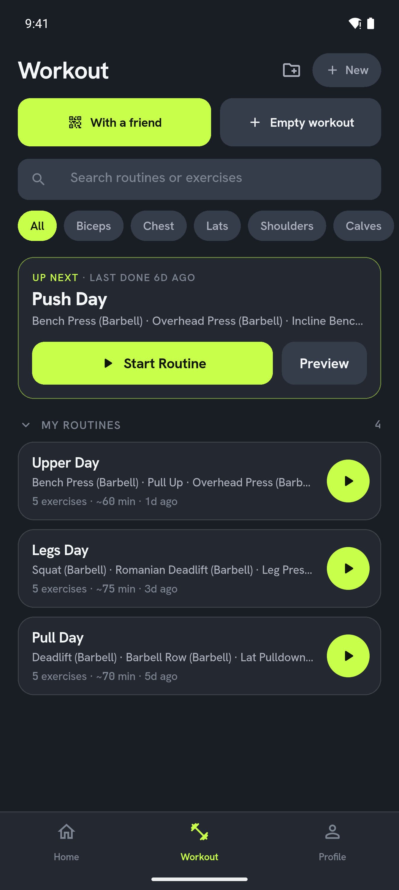 Kustos routines screen with reusable routines organized in folders